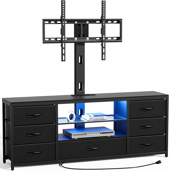 JUSTOGO TV Stand with Mount, Entertainment Center for 55 60 65 70 inch TVs | TV Console with Power Outlets & Led Lights, 7 Fabric Drawers, For Living Room, Bedroom, Black Dresser with Open Storage