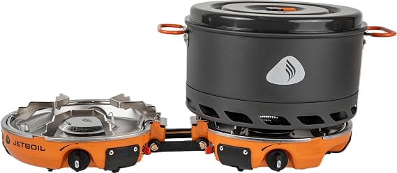 Jetboil Genesis Base Camp Compact 2 Burner Cooking System Isobutane Powered Solo Meals Large Group Cooking 10" Fry Pan 5ltr Flux Ring Cookpot Carry bag Windscreen Fuel Regulator Fuel Can Stabilizer