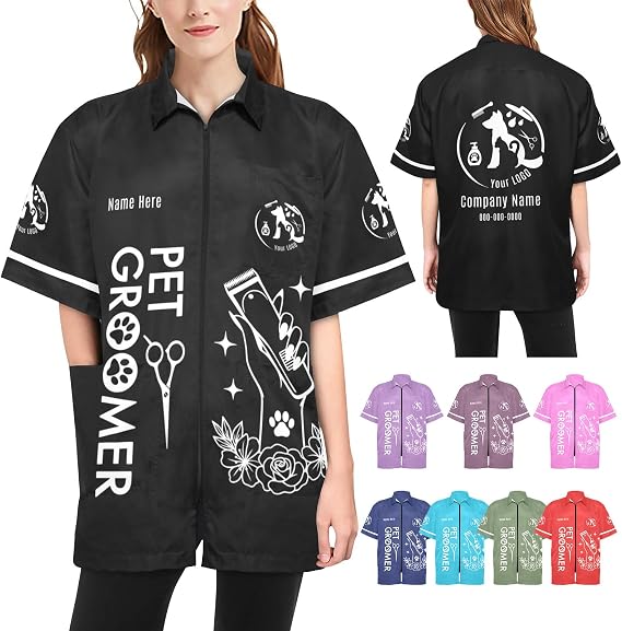 Custom Pet Grooming Jackets with Logo Text, Personalized Dog Salons Groomer Smocks, Unisex Waterproof Workwear