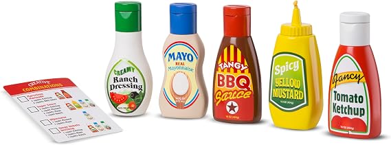 Melissa & Doug Favorite Condiments Play Kitchen Food Toys | 5 Squirting Bottle Condiments, Ketchup, Mustard, Mayo, BBQ, Ranch, Pretend Play Food Set, Preschool Toys for Kids, Ages 3+