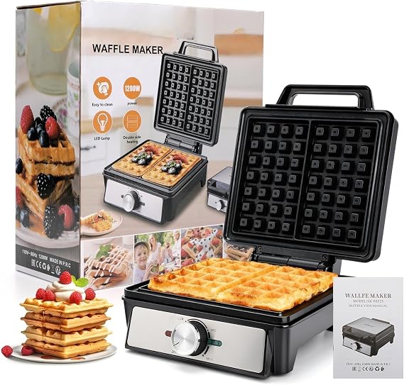 Belgian Waffle Maker 4 Slices, 1200W Waffle Iron, Double sided operation, not easy to stick to the bottom, Indicator light with knob