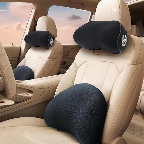 SPRFUFLY 2 Pack Car Headrest Pillow Plus 1 Pack Back Pillow, 100% Memory Foam Car Neck Pillow with Sleep Mask, Lumbar Support Pillow for Car Seat/Back Pain Relief