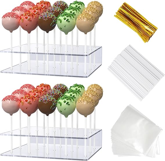 2 Pack Cake Pop Stand with Sticks Kit, Acrylic Lollipop Hold Stand | Clear Cake Pop Display Holder, 15 Holes Candy Pop Holder with 100 Pcs Sticks, 100 Pcs Clear Wrappers, 100 Pcs Gold Twist Ties