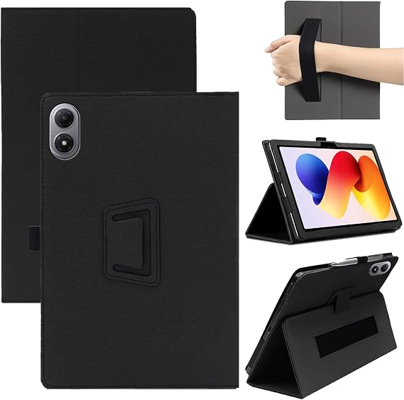 KZIOACSH Case for Xiaomi Redmi Pad 2 Pro 12.1 Inch/POCO Pad M1 with Pencil Holder and Wrist Strap, Full Coverage Soft PU Leather Folding Stand Folio Anti-Drop Shockproof Rugged Protective Cover, Black