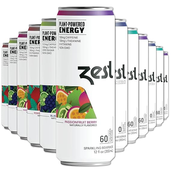 Zest Clean Energy Drinks Variety Pack 3 Flavors 120-150mg Caffeine + 100mg L-Theanine for Focus, Energy & Performance Healthy Energy Drink 12oz Can 12 Pack Natural Energy & Pre Workout Drink