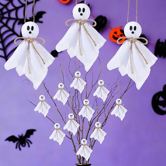 12 Pcs Halloween Hanging Ghost Decor for Tree - 3.9in Cute Halloween Ornaments for Indoor Haunted House Party, White Hanging Decoration for Outdoor Yard Porch