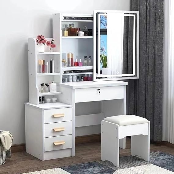 Dressing Table with LED Lights, Vanity Table with Adjustable Brightness Mirror, Makeup Desk with-4 Drawers and Open shelves, Wooden Modern Bedroom Dresser, Makeup-Table with-Mirror Stool for Bedroom