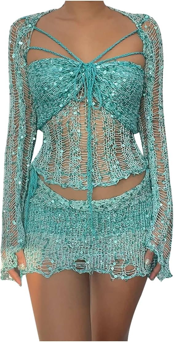 Beach Match Sexy Swimsuits Sets for Women Sequin Skirt And Crochet Tops Set Vacation Bikini Swimsuits Cover Up Sets
