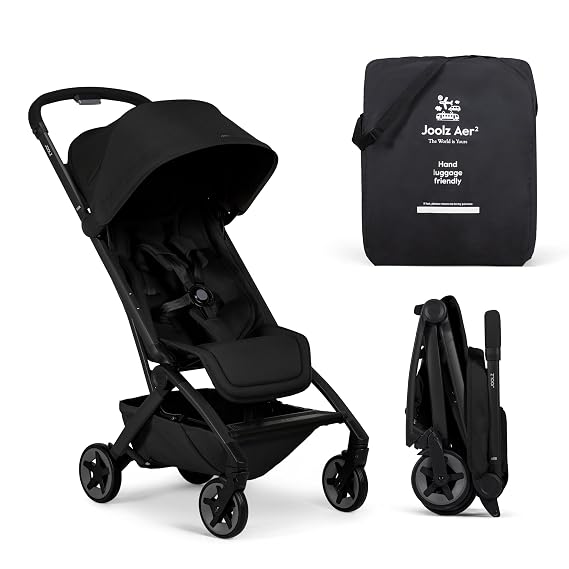 Joolz Aer2 Lightweight Travel Stroller for Baby & Toddler One-Hand Fold, Compact Carry-On Airplane Approved, Reclining Seat, UPF 50+ Canopy, Travel Pouch, Baby Net Space Black