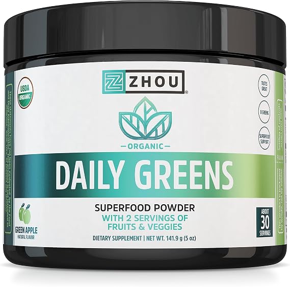 Zhou Organic Daily Greens Powder - Green Apple Flavor, 5 oz (30 Servings) | Greens Superfood Powder for Juice, Smoothie, Super Food Drink Mix with Spirulina & Kale, Vegetables Supplement