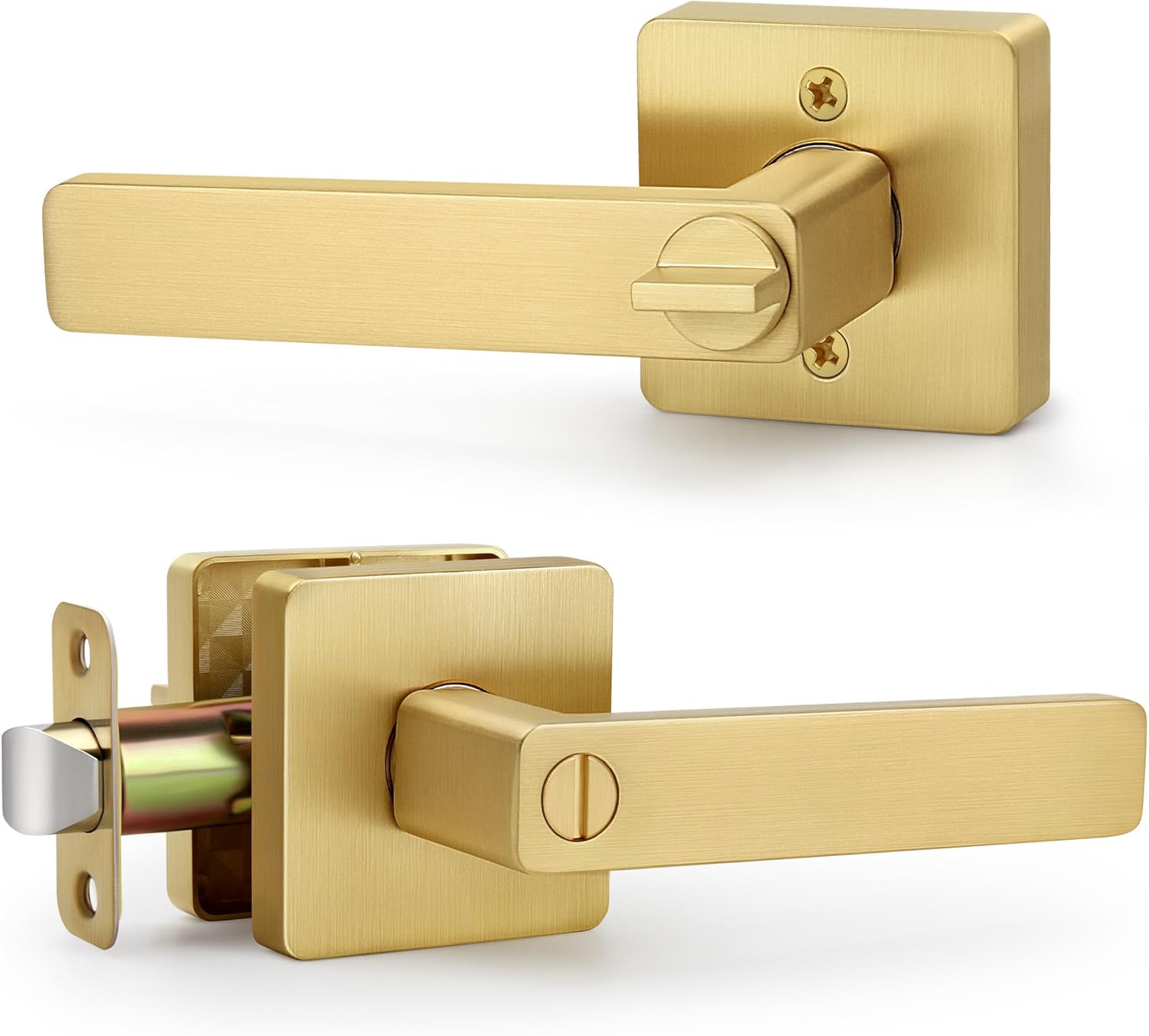Square Keyless Privacy Door Lever, Brushed Gold Door Handles, Heavy Duty Gold Door Lever with Privacy Lock Reversible Door Handle for Right/Left Handed Bedroom Bathroom Doors