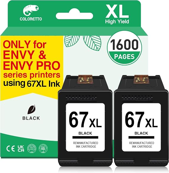 COLORETTO 67XL Black Ink Cartridge for HP 67XL Black Ink Cartridge for HP Envy 6452e 6055e 6052e 6000 6455e 6458e Ink Cartridges Envy Pro All in one Ink Cartridges Replacement 2 Pack Black