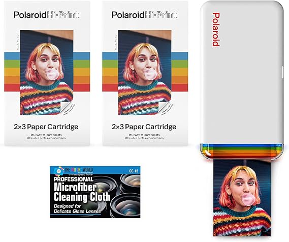 The Imaging World Polaroid Hi-Print - Bluetooth Connected 2x3 Pocket Phone Photo Printer with 2 Polaroid HiPrint 2x3 Paper Cartridges (40 Sheets) Microfiber Cloth