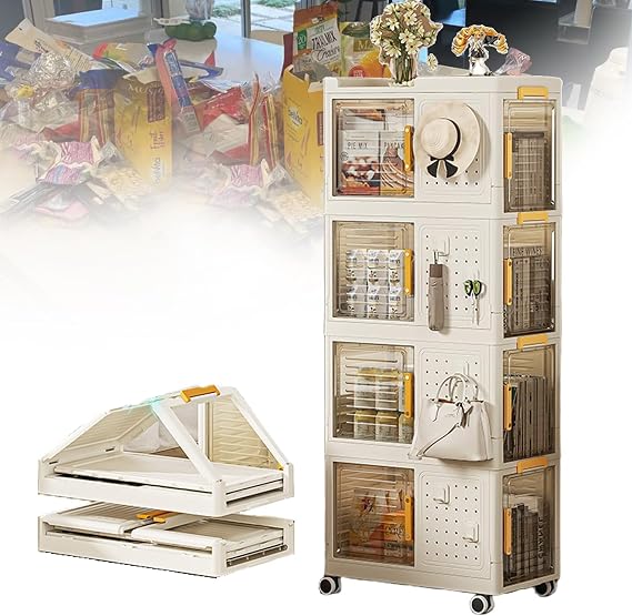 4 Tier Folding Storage Cabinet with Lid and Wheels, Big Plastic Stackable Storage Bins with 4 Pegboards & 8 Hooks Freely, Large Foldable Closet Organizers, White