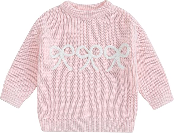 Toddler Baby Girl Sweater Bow Embroidery Warm Knitted Long Sleeves Pullover Infant Sweatshirt for Fall Winter
