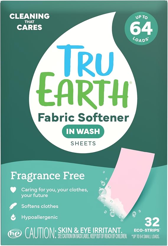 Tru Earth In Wash Fabric Softener Sheets, Unscented, 32 Strips | Up to 64 Loads, Liquid Fabric Softener Alternative, For All Washing Machines, Helps Reduce Static, Hypoallergenic