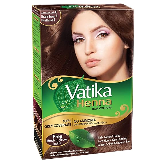 Vatika Naturals Permanent Hair Dye Natural Brown Ammonia-Free With Natural Henna, Grey Coverage, Nourishing Herbal Blend, Long-Lasting Hair Color for Soft, Shiny Results 6 Sachets X 10g