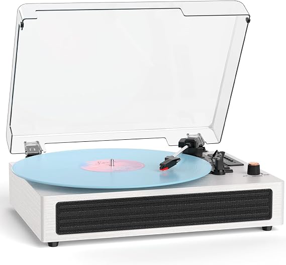 Vinyl Record Player Bluetooth Turntable, 3-Speed Retro Vinyl Player with Built-in Speakers,AUX in, Auto Stop,USB Recording, Belt-Drive LP Player White