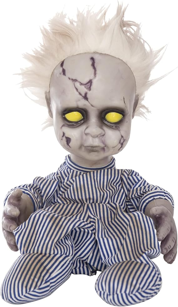 EVAPLUS 11inch Halloween Haunted House Crying Baby Terror Decoration Toy, Animatronic Roaming Creepy Doll Halloween Decoration,Haunted Sound Activated Holiday Prop with Battery Operated Control