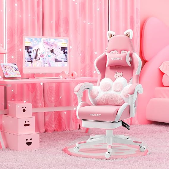 Cute Gaming Chair with Cat Paw Lumbar Cushion and Cat Ears, Kawaii Pink Computer Chair with Footrest, Ergonomic PC Video Anime Gaming Chairs Recliner for Kids, Girls, Teens (Pink)