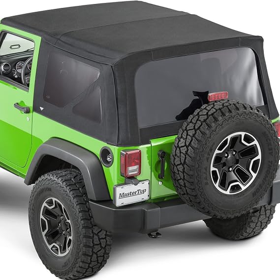 MasterTop Premium Replacement Fabric Only Soft Top - Fits Jeep Wrangler JK 2-Door 2007-2012 - Zip Up Removable Windows - DOT Approved 31% Window Tint - Upgraded Cable Style Design, Black MasterTwill