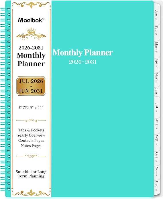 2026-2031 Monthly Planner/Calendar - Jul 2026 - Jun 2031, 5 Year Monthly Planner 2026-2031 with Tabs & Celebrity Quotes, 9" x 11", Famous Quote, Two-Side Pocket, Suitable for Long-Term Planning, Green