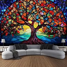 Tree of Life Wall Hanging Decor Tapestry with Stained Glass Colorful Wall Art Large Tapestry Mural Decor Photograph Backdrop Blanket Curtain Home Bedroom Living Room Decoration