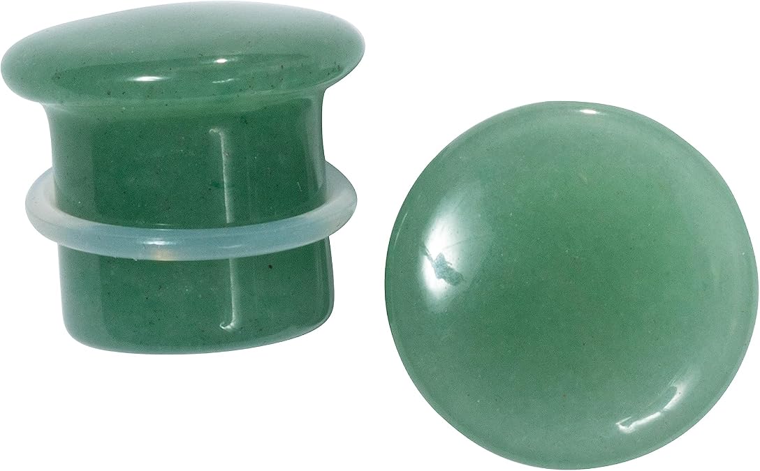 Pierced Owl Natural Green Aventurine Stone Single Flare Plugs with Clear O-Rings, Sold as a Pair