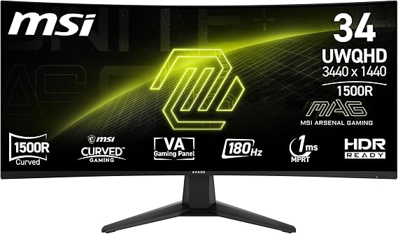 MSI 34 MAG 346CQ, Gaming Monitor, UWQHD, 21:9, Curve 1500R, VA, 180Hz, 1ms (MPRT), FreeSync Premium
