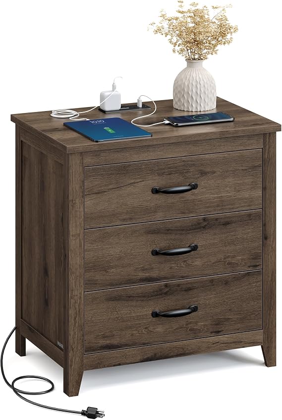 VASAGLE 23.6Inch Farmhouse Nightstand with Charging Station, 3 Drawers