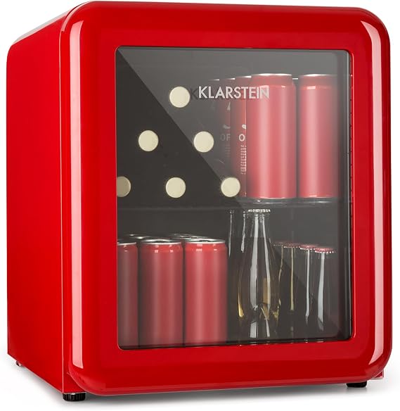 KLARSTEIN PopLife drinks cooler - mini bar, retro fridge, 0-10°C, only 39 dB, 48 L, environmentally friendly, double-glazed door, retro design, red