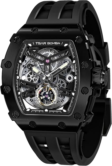 TSAR BOMBA Luxury Men's Automatic Mechanical Watch - 50M Waterproof Men's Watch - Japanese Movement - Square Wristwatch Fluorine Rubber Strap Luminous Elegant Gifts for Men