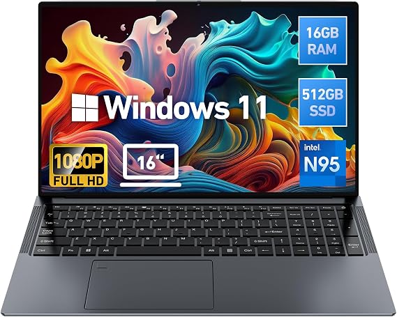 2025 Latest 16'' FHD Laptop Compatible with Windows 11, 16GB RAM 512GB PCIe SSD, 12th Gen N95 Processor(Max 3.4GHz), 8500mAh Battery, Backlit Keyboard, Fingerprint, HDMI, WiFi5, Webcam, Grey