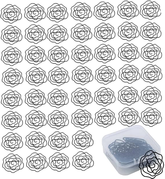 50Pcs Rose Shaped Paper Clips, Metal Paper Clips, Electroplated Crafted Flower Shaped Clamps with Organizer for School Office, Iron Wire, Black