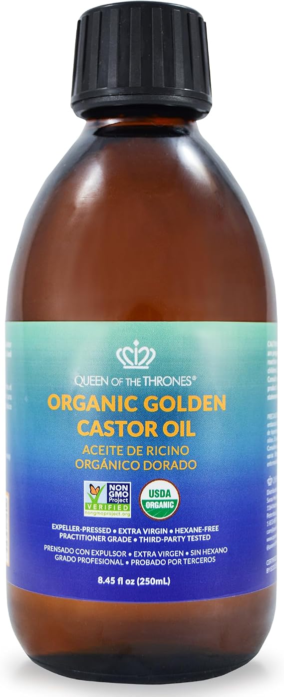 Queen of the Thrones Organic Golden Castor Oil - Expeller-Pressed Oil for Self-Care - Multipurpose Clean Beauty Product for Hair, Nail & Skin Hydration - 250 mL