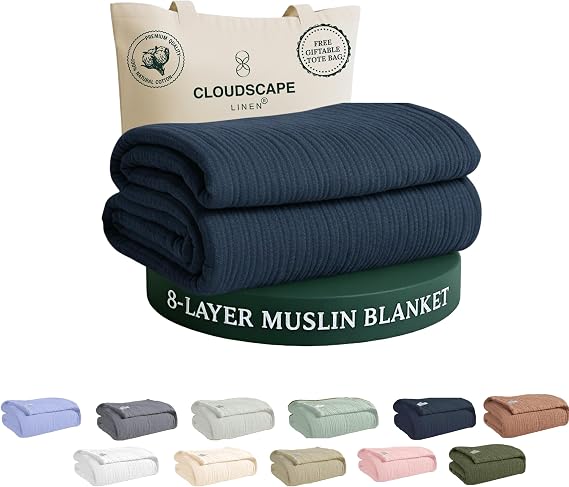 CLOUDSCAPE 8 Layer Muslin Blankets for Adults,Cotton, 92"x108"- Ensign Blue
