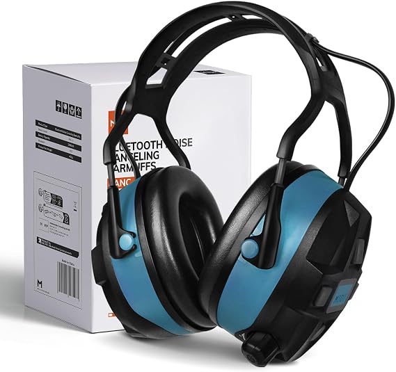 MIUI Bluetooth 5.0 Hearing Protection Rechargeable Ear Headphones, 29dB NRR Safety Noise Reduction EarMuffs 36H Playtime for Lawn Mower, Construction, Workshops, Mowing With Radio Blue
