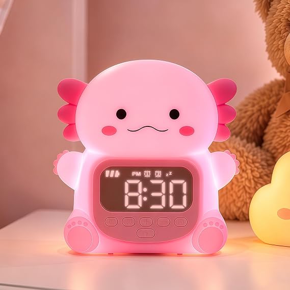 Axolotl Alarm Clock for Kids, Cute Night Light Toddler Alarm Clocks, Pink