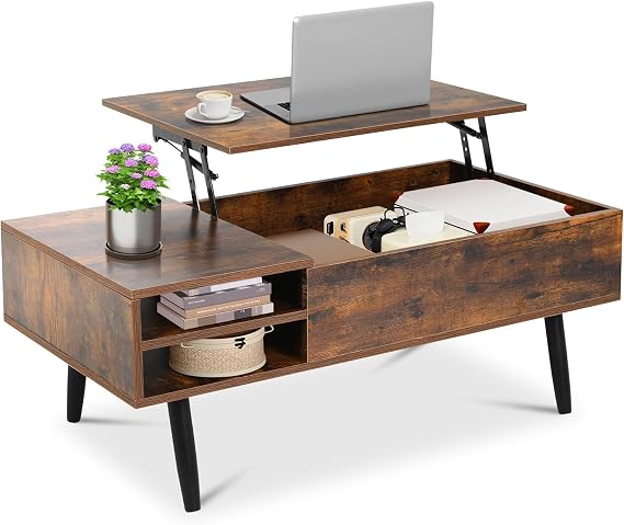 Lift Top Coffee Table, Wooden Coffee Table with Hidden Compartment and Adjustable Storage Shelf, Small Coffee Tables for Living Room, Office Apartment Reception Room, Brown