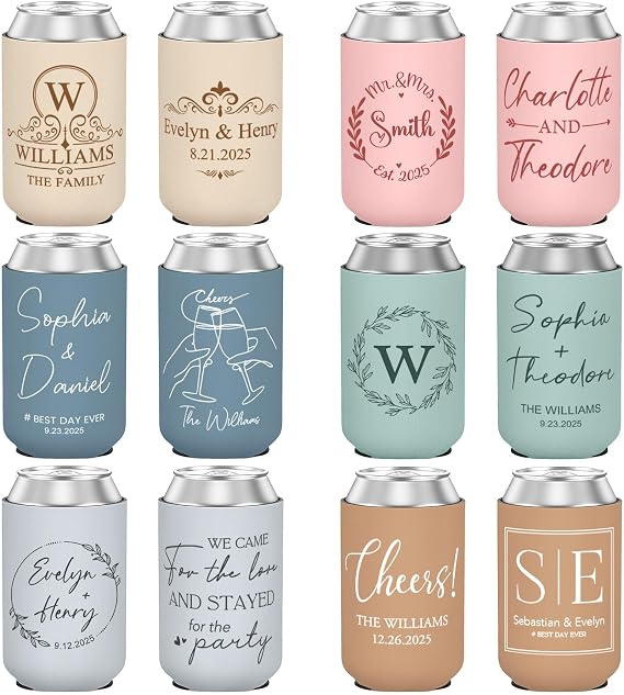 Custom Wedding Can Coolers, 50 Pack Personalized Wedding Favors Monogram Can Holders for Wedding Engagement Bridal Showers