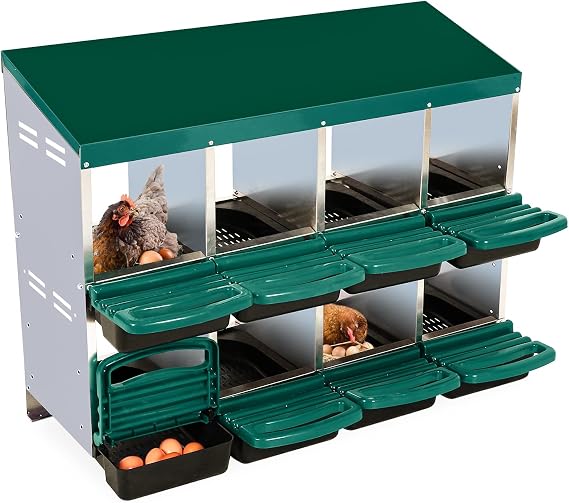 Chicken Nesting Box, 8-Compartment Heavy Duty Metal Hen Laying Box with Breathable Holes & Resting Platform, Wall Mounted/Floor Rollaway Chicken Nest Box for Easy Clean & Egg Collection, Green