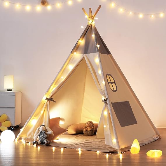 besrey Teepee Tent for Kids, Cotton Canvas Play Tent with Lights & Mat, Sturdy Toddler Tipi Tent Playhouse for Boys Girls, Foldable Indoor Outdoor Camping Reading Hideaway