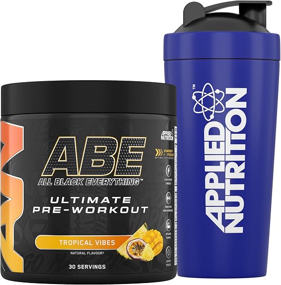 Applied Nutrition Bundle ABE Pre Workout 375g + 750ml Steel Protein Shaker | All Black Everything Pre Workout Powder with Creatine, Beta Alanine, Energy & Physical Performance (Tropical)