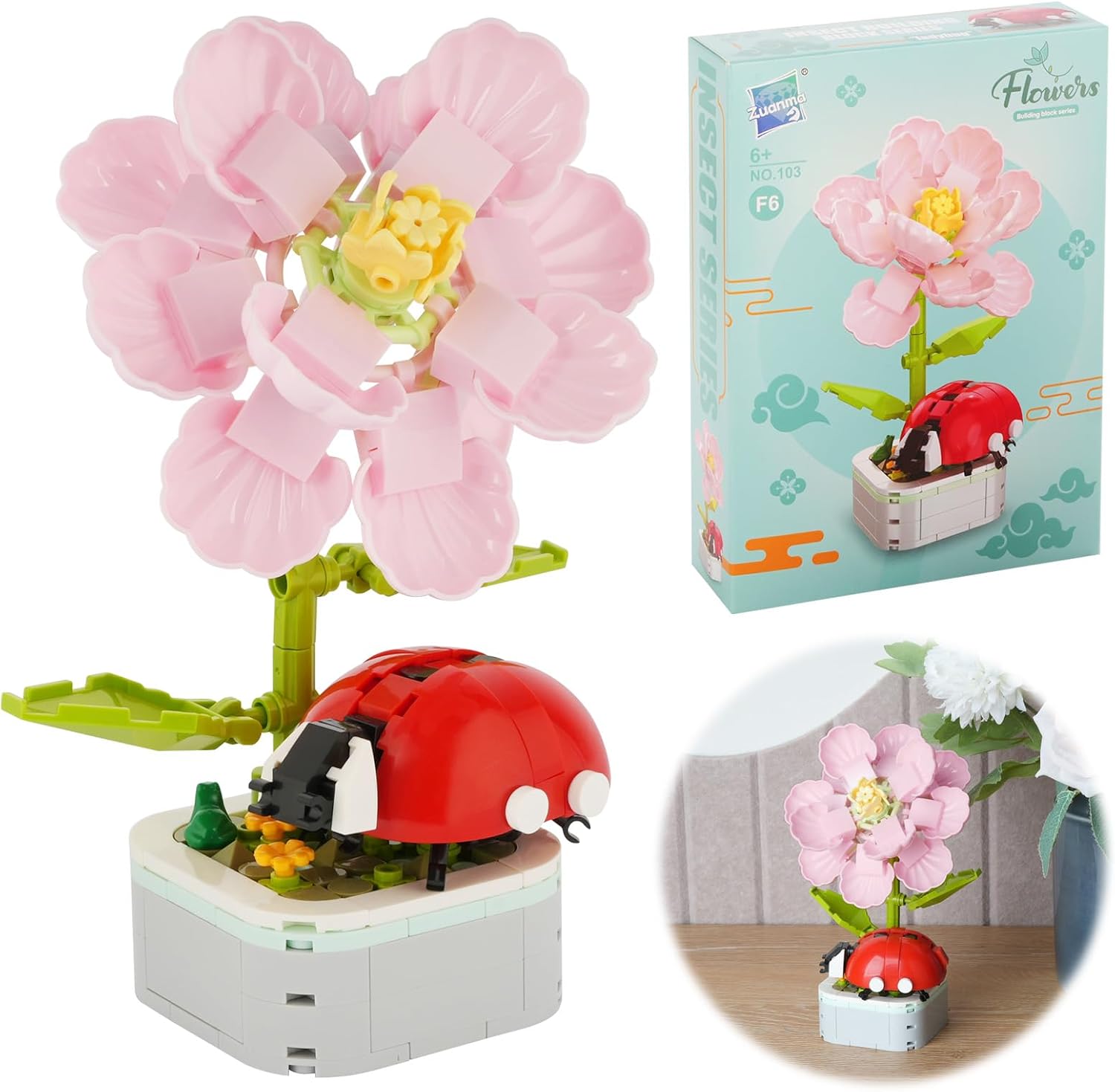 DIY Flower Building Blocks Bouquet Kit - Multi-Bloom Mini Brick Artificial Flowers for Home Desk Decor, Creative Birthday Gift Adults & Kids 6, No-Wilt Floral Arrangement