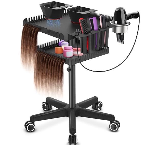 TASALON Professional Hair Extensions Organizer Cart Metal Salon Tray Cart with 2 Magnetic Bowls, Hair Dryer Holder, Adjustable Rolling Base, Black