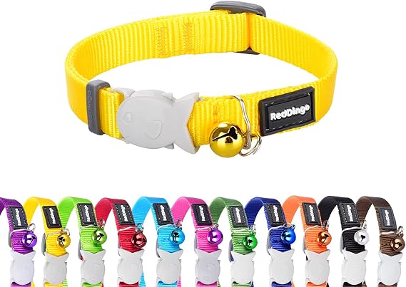 Red Dingo Classic Safety Release Breakaway Cat Collar Adjustable One Size Fits All, Soft Nylon, 4.4lb Safety Release Fish Clip, Stainless Steel D-Ring, Wildlife Bell Yellow