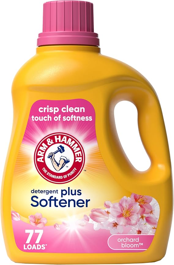 ARM & HAMMER Plus Softener Detergent, Orchard Bloom, 100.5 Fl Oz, 77 loads | 3-in-1 liquid laundry detergent plus fabric softener, no separate softener needed, Stain Fighters, HE Compatible, floral