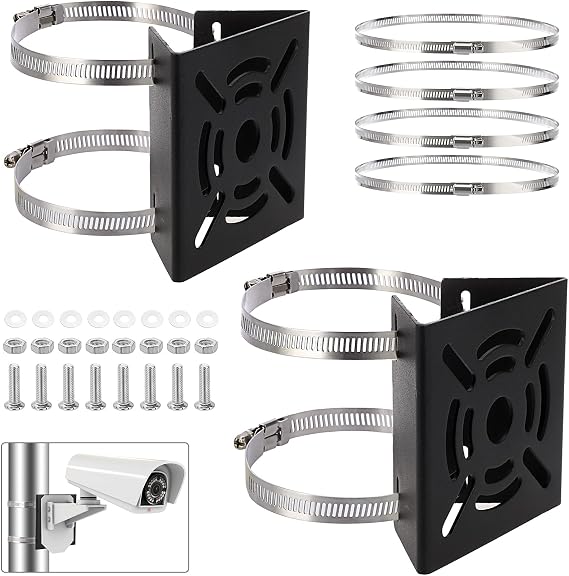 2 Packs Black Universal Vertical Pole Mount Brackets for CCTV Cameras with 8 Loops - Square Metal Mounting Bracket for Security Camera Ptz Dome, Outdoor/Indoor Wall Mounted Camera Brackets