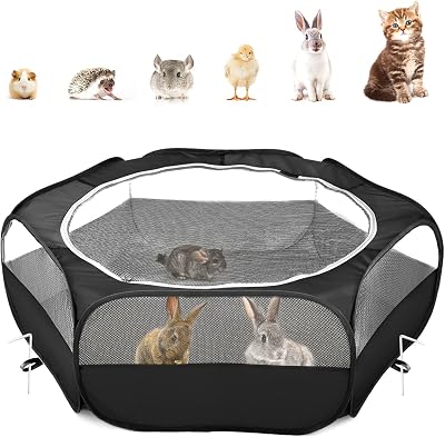 Pawaboo Small Animals Playpen, Waterproof Small Pet Cage Tent with Zippered Cover, Portable Outdoor Yard Fence with 3 Metal Rod for KittenPuppyGuinea PigRabbitsHamsterChinchillas, Black
