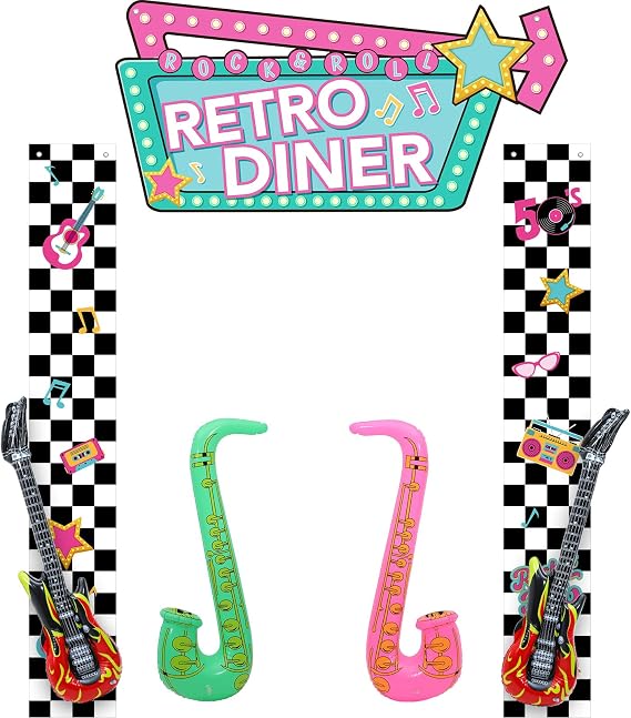 Peryiter 7 Pcs 50's Retro Diner Banner Flame Guitar Vintage Saxophone Back to 50's Theme Party Decorations Rock and Roll Banner Birthday Backdrop Diner Classic 1950s Soda Shop with Double-sided Tape